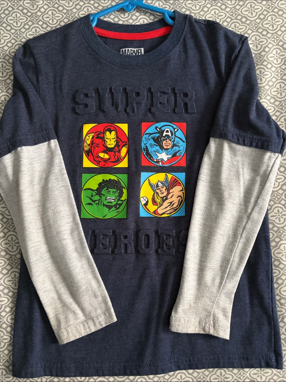 Marvel Navy Long Sleeve Tee with Gray Sleeves and Colorful Superhero Panels